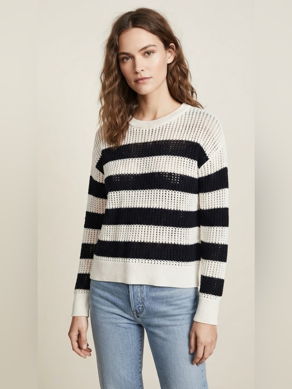 Loft Black White Striped Open Knit Cotton Crewneck Sweater Size XS